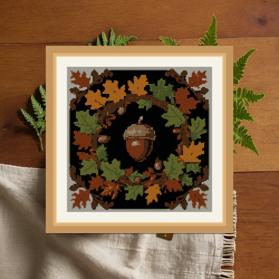 Acorn And Oak Wreath cross stitch pattern