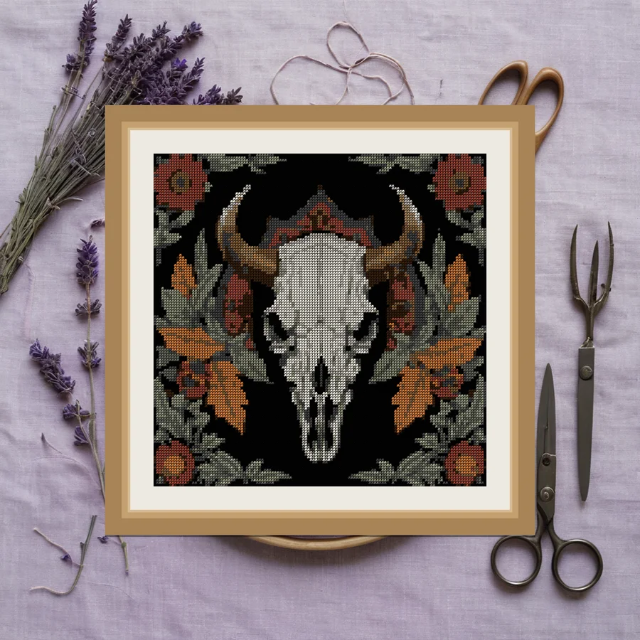 Bison Skull And Sage cross stitch pattern