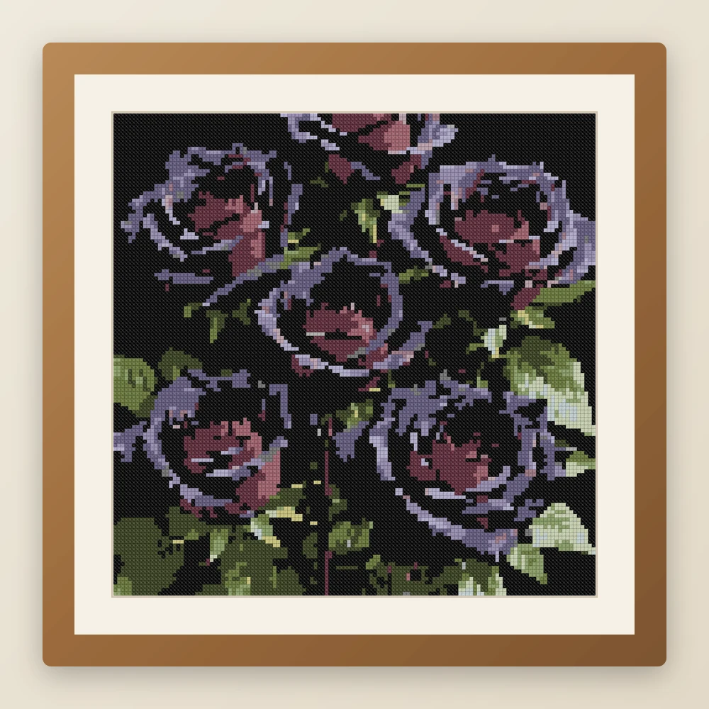 Black Rose Bouquet cross stitch pattern, example of a finished piece