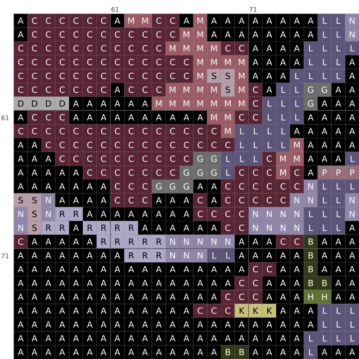 Detail of the Black Rose Bouquet cross stitch chart, showing symbols and DMC colours