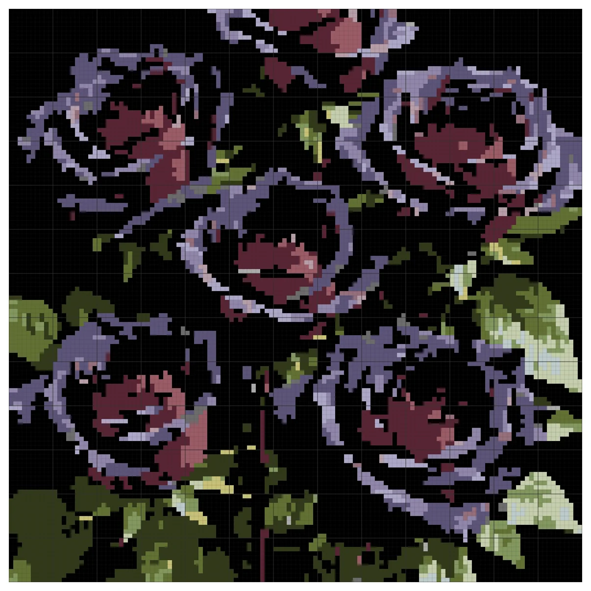 The full Black Rose Bouquet cross stitch chart, 130 by 130 stitches