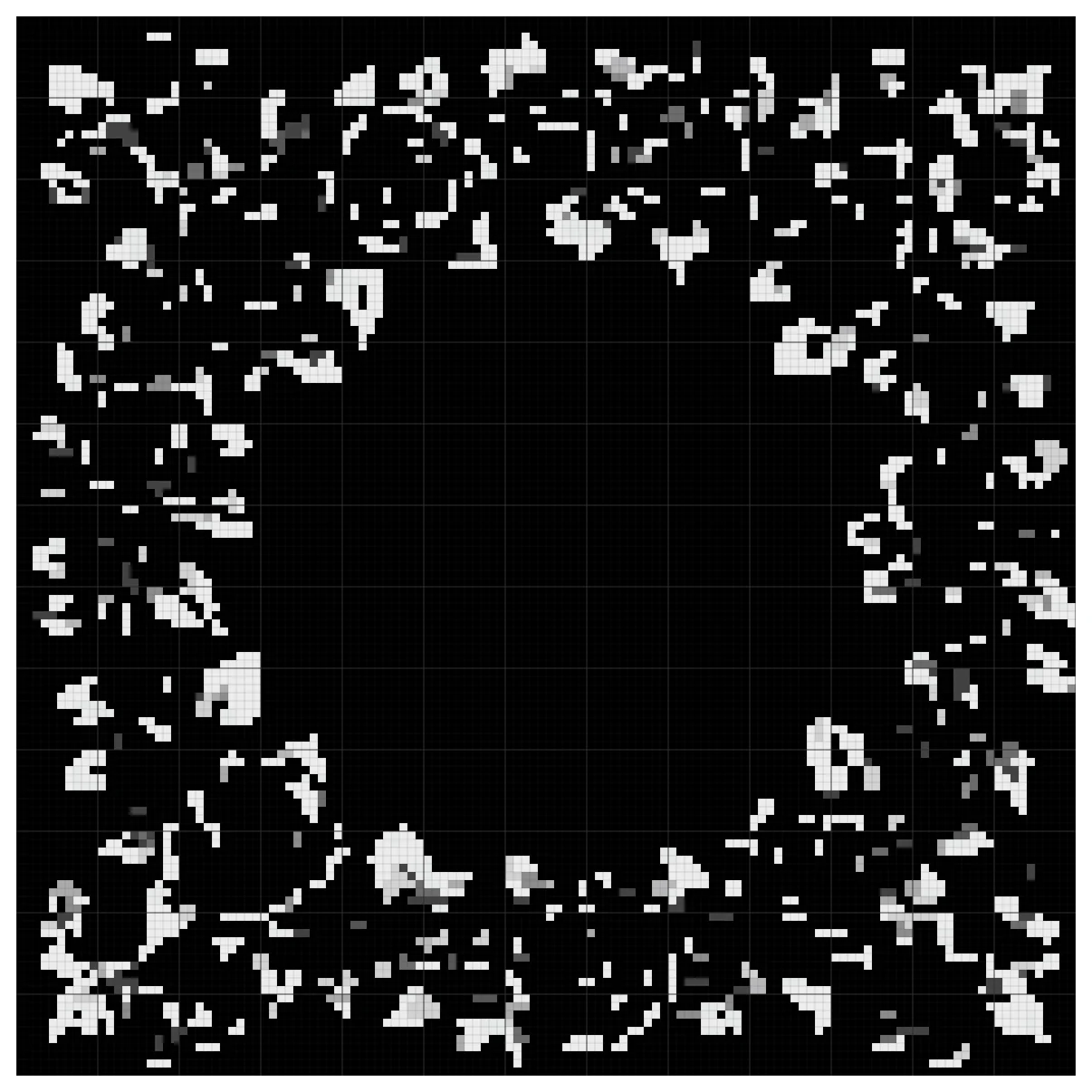 The full Black Rose Wreath cross stitch chart, 130 by 130 stitches