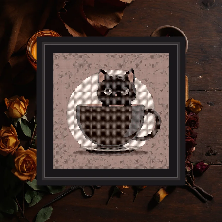 Cat In A Teacup cross stitch pattern