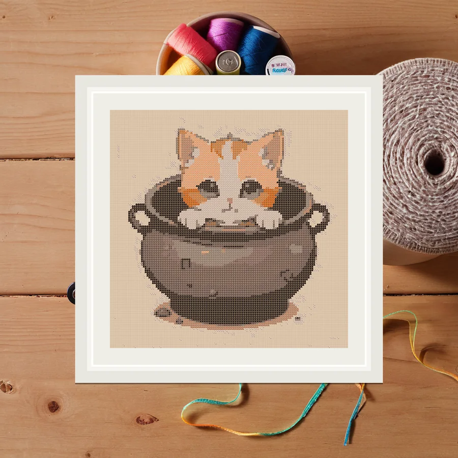 Cauldron Kitten cross stitch pattern