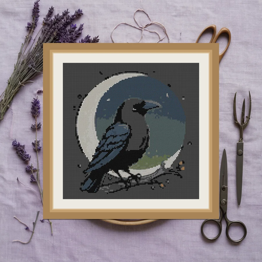 Crow And Moon Cute cross stitch pattern