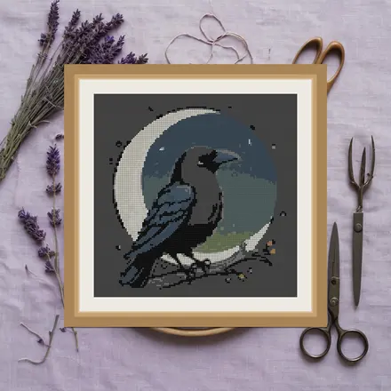 Crow And Moon Cute cross stitch pattern