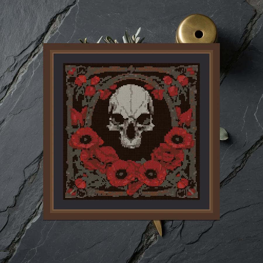 Crow Skull And Poppies cross stitch pattern