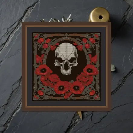 Crow Skull And Poppies cross stitch pattern
