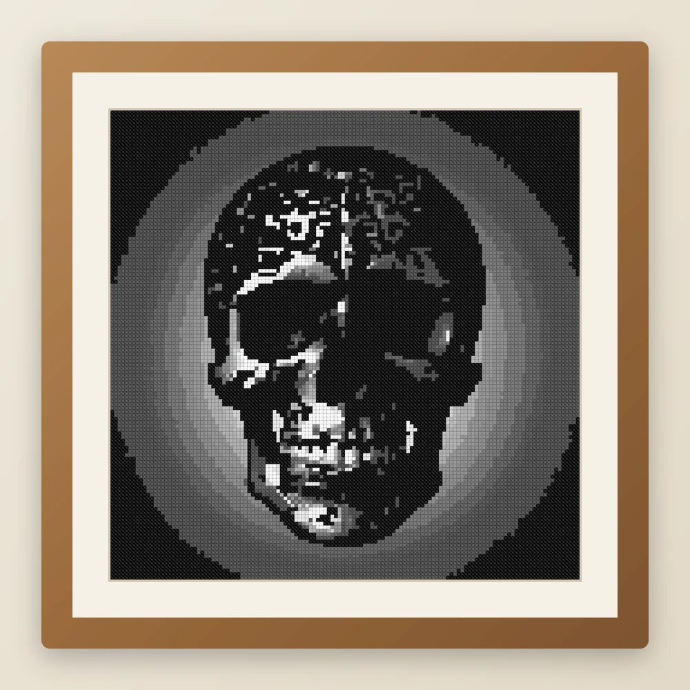 Crystal Cavern Skull cross stitch pattern, example of a finished piece