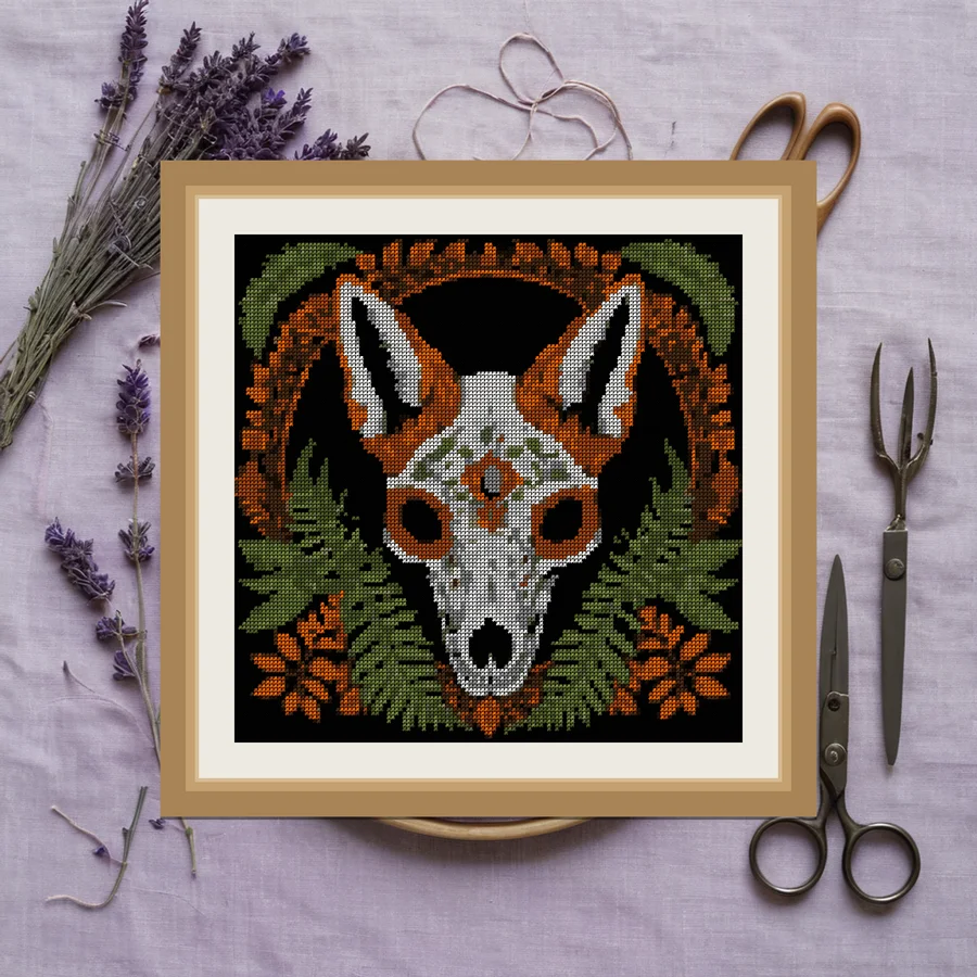Fox Skull And Fern cross stitch pattern