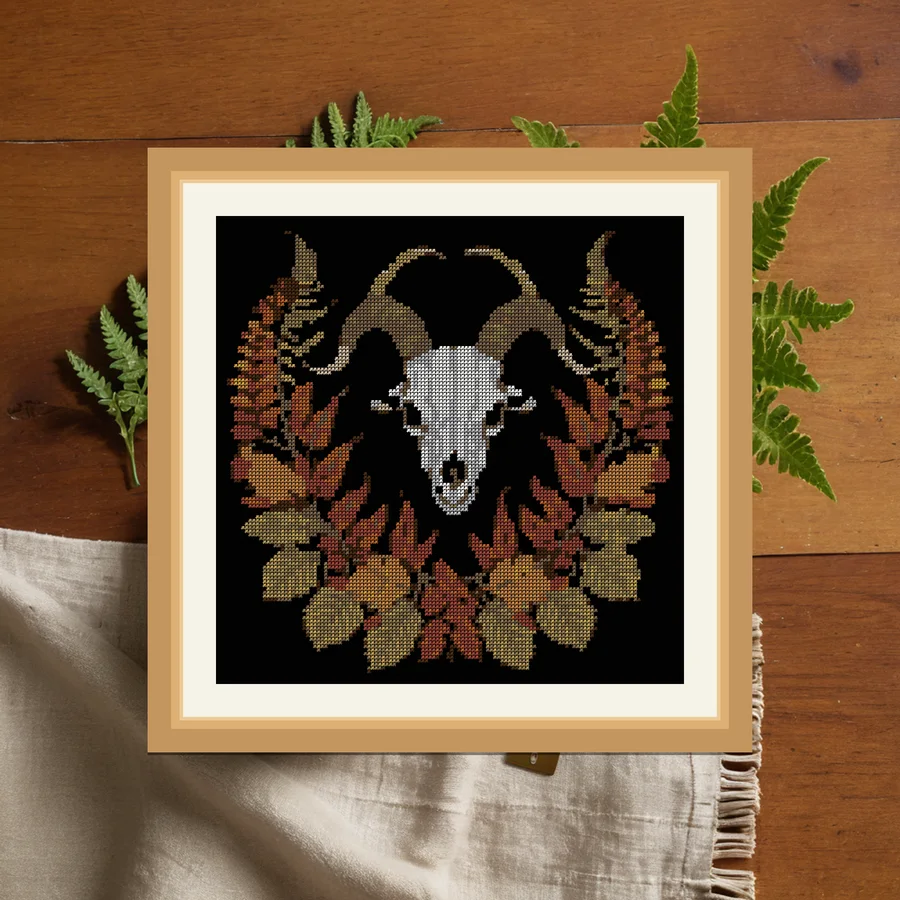 Goat Skull And Ferns cross stitch pattern