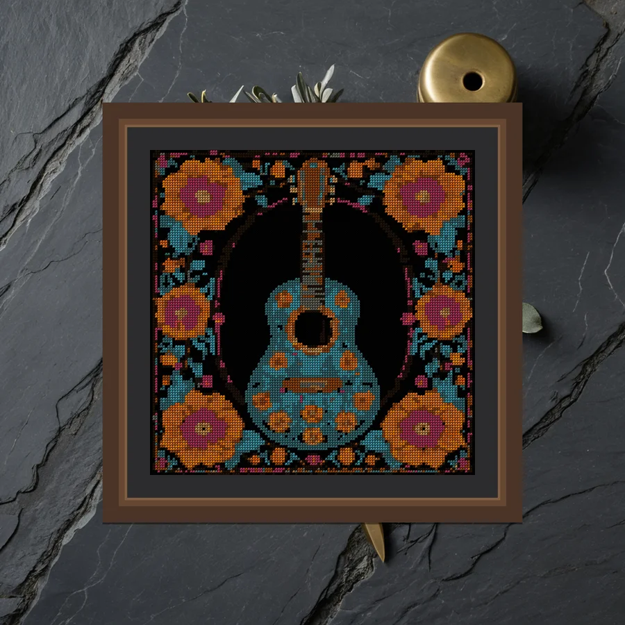 Guitar And Marigold cross stitch pattern