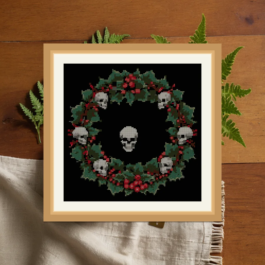 Holly And Skull Wreath cross stitch pattern