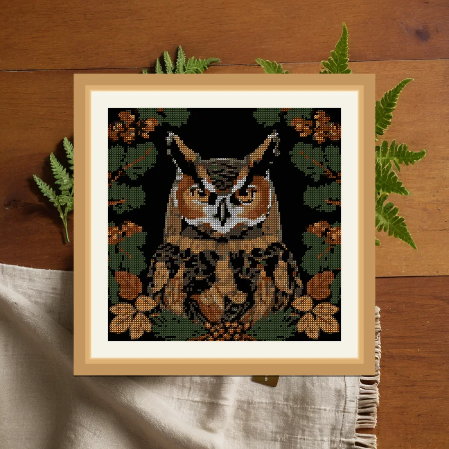 Horned Owl And Pine cross stitch pattern