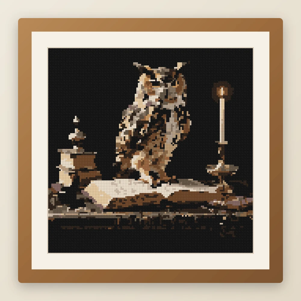 Inkwell Owl cross stitch pattern, example of a finished piece