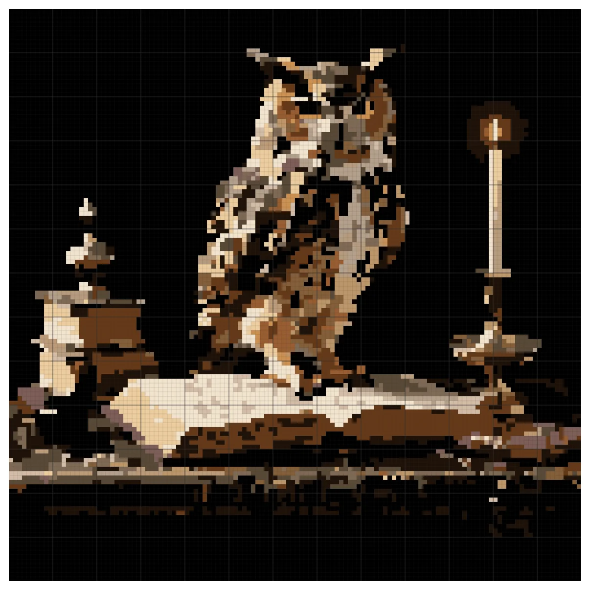 The full Inkwell Owl cross stitch chart, 130 by 130 stitches