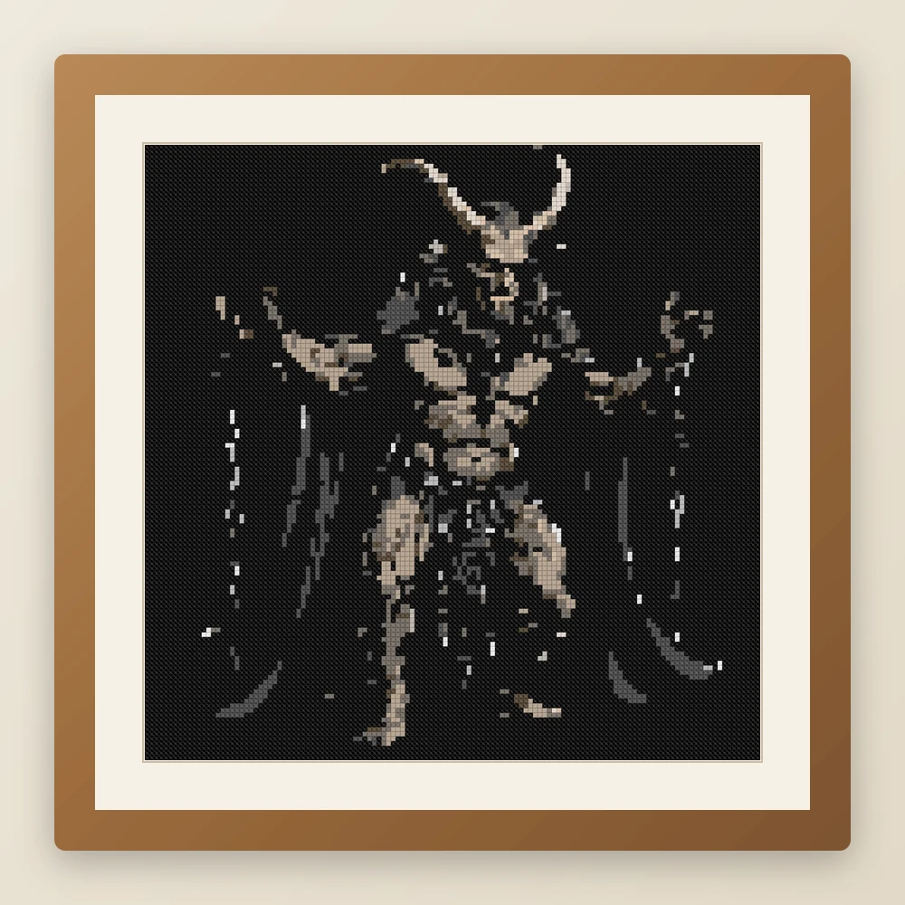 Krampus In Chains cross stitch pattern, example of a finished piece