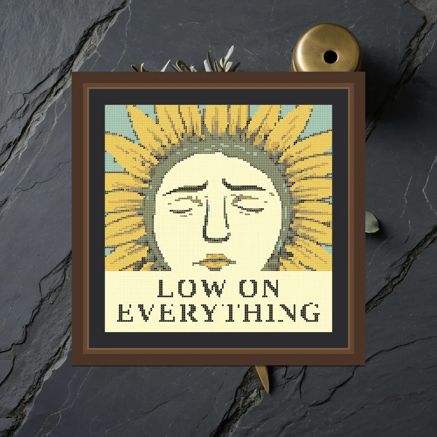 Low On Everything cross stitch pattern