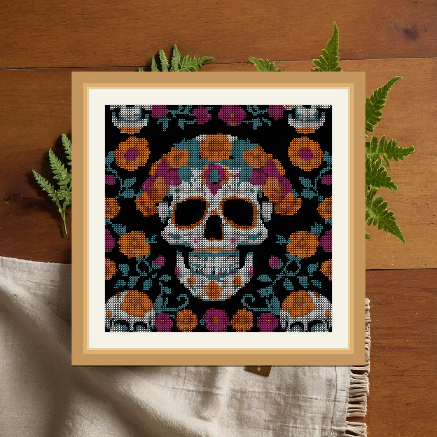 Marigold Skull Crown cross stitch pattern