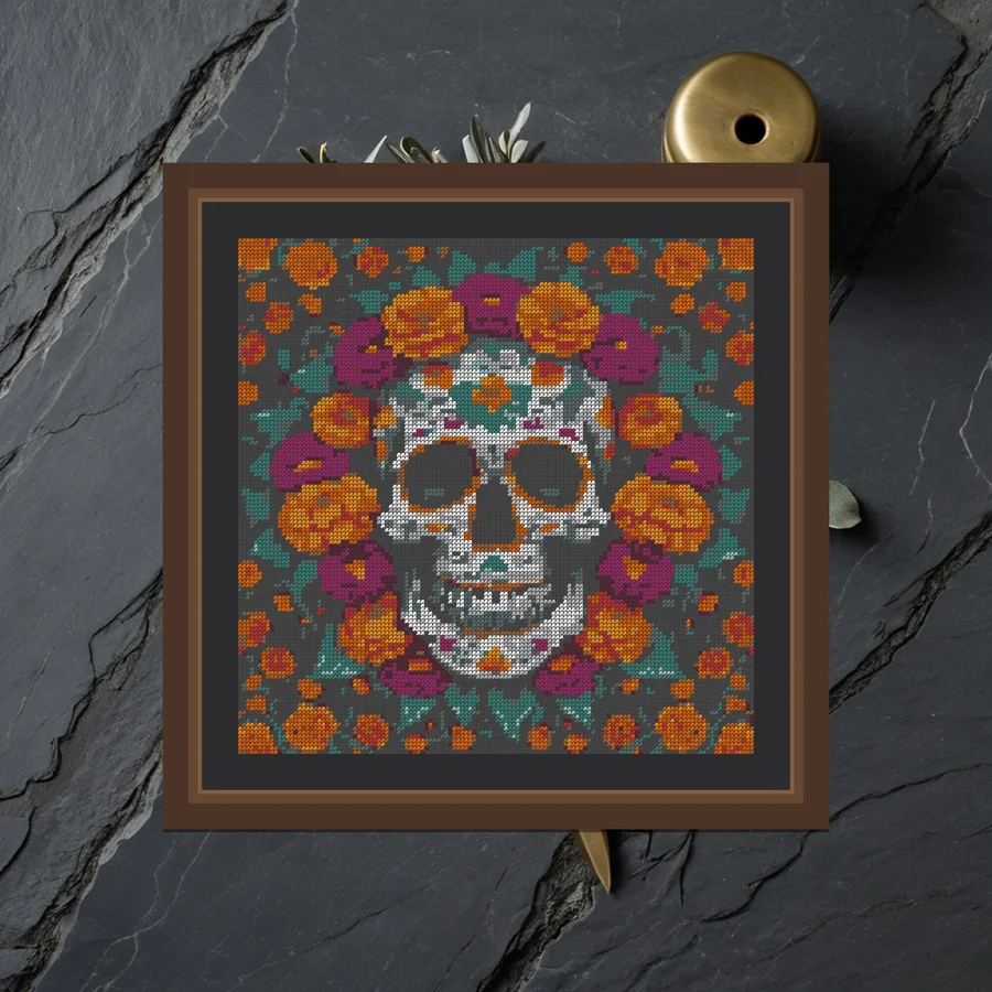 Marigold Wreath Skull cross stitch pattern
