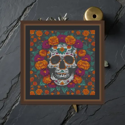 Marigold Wreath Skull cross stitch pattern