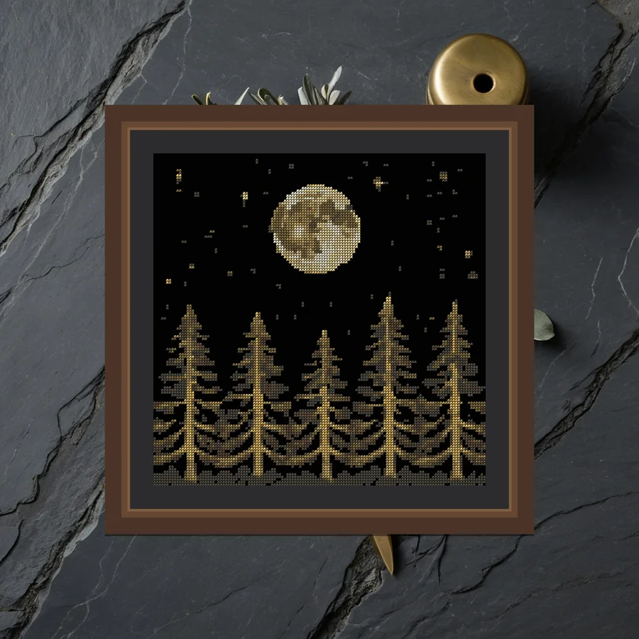 Moon Over Pines cross stitch pattern