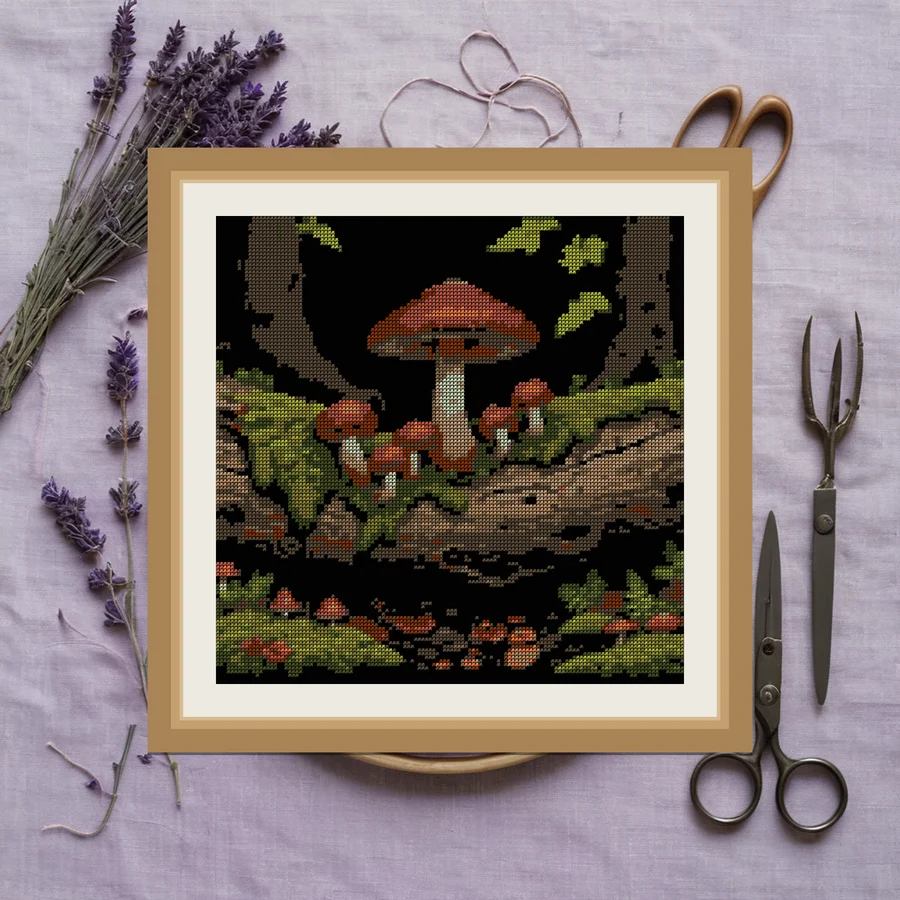 Mossy Log Fungi cross stitch pattern