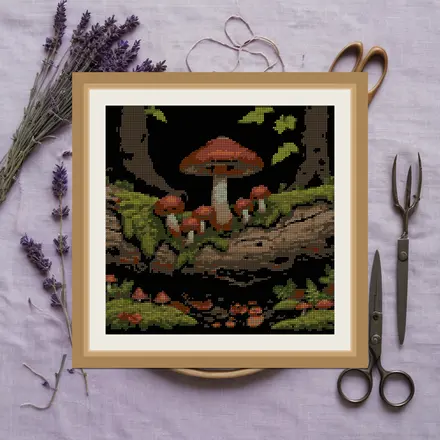 Mossy Log Fungi cross stitch pattern