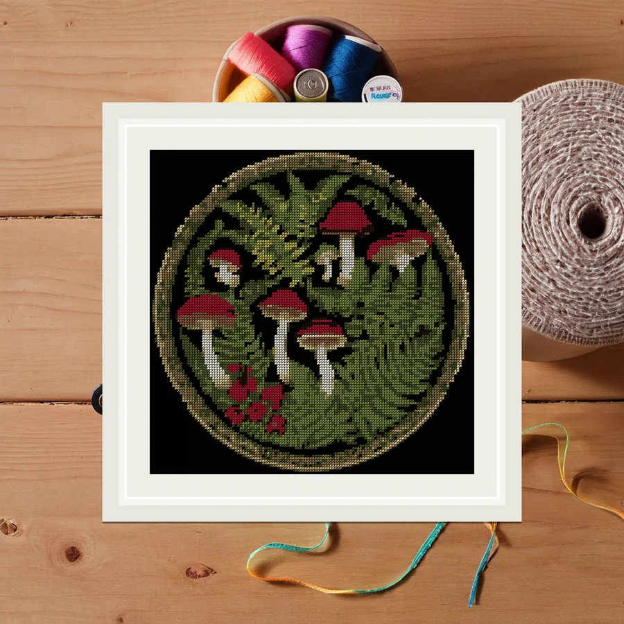 Mushroom And Fern Plate cross stitch pattern
