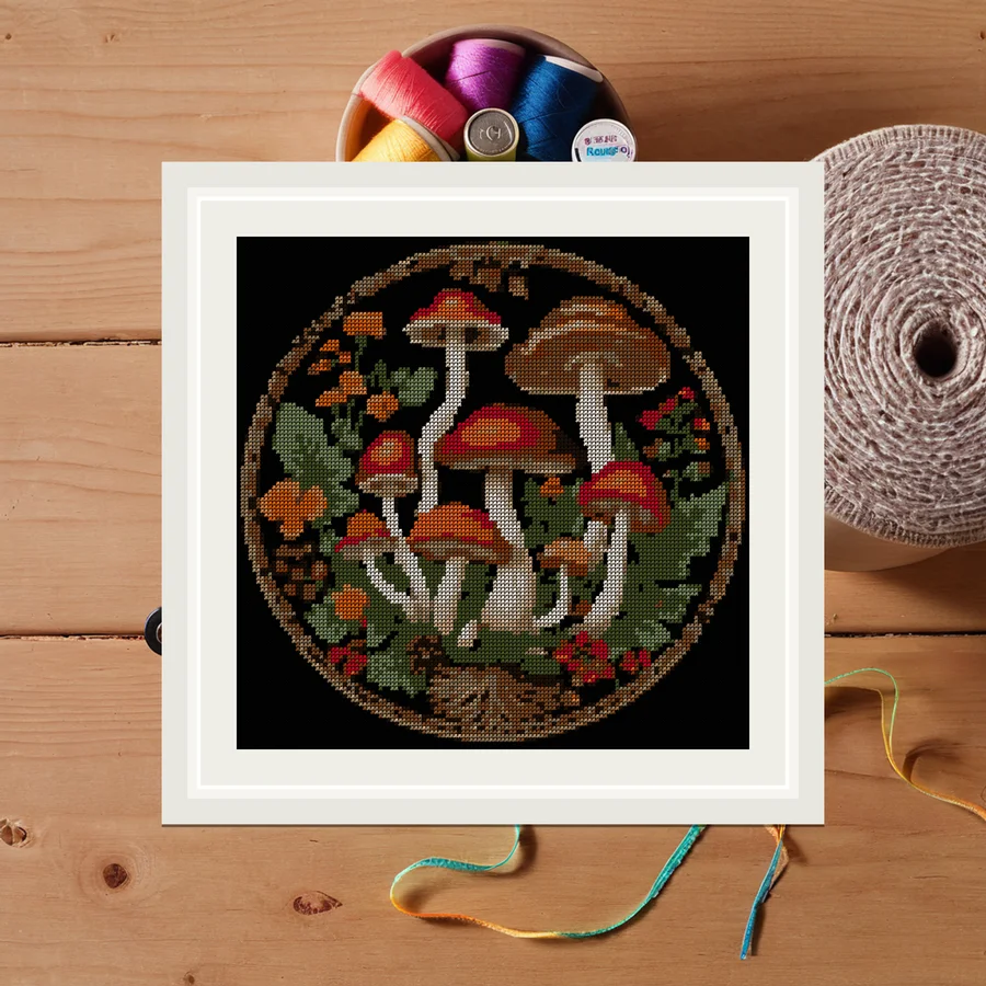 Mushroom Botanical Plate cross stitch pattern