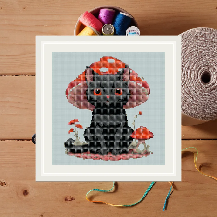 Mushroom Cat cross stitch pattern