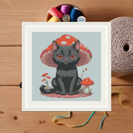 Mushroom Cat cross stitch pattern