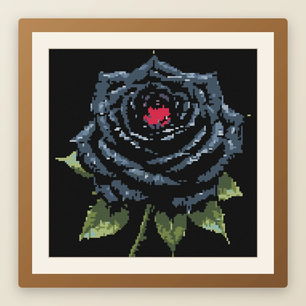 Nightfall Rose cross stitch pattern, example of a finished piece