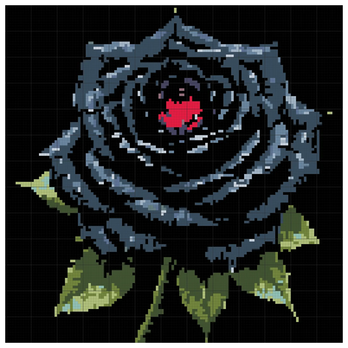 The full Nightfall Rose cross stitch chart, 130 by 130 stitches