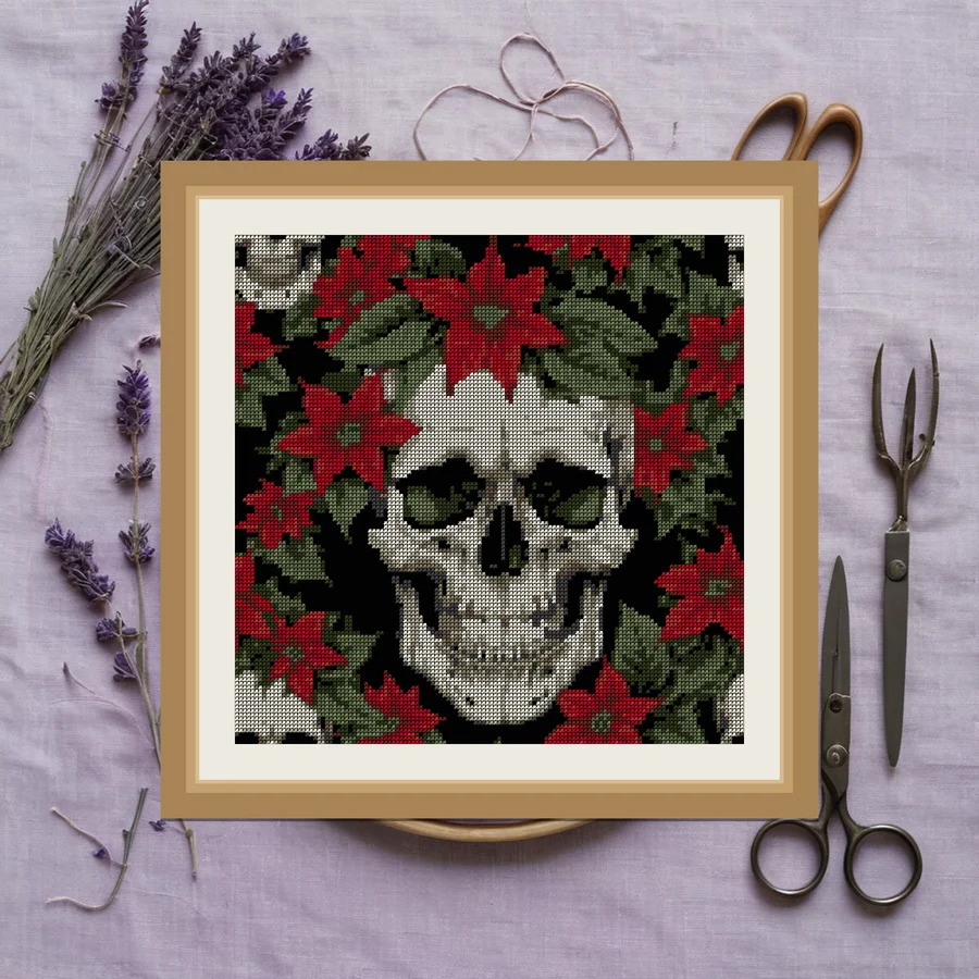 Poinsettia Skull cross stitch pattern
