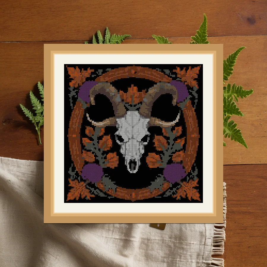 Ram Skull And Thistle cross stitch pattern