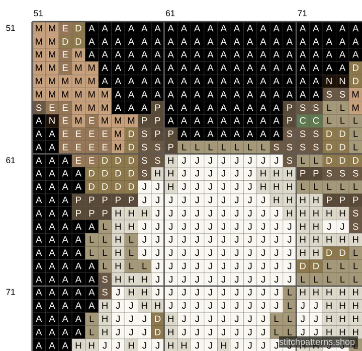 Detail of the Reindeer Skull And Holly cross stitch chart, showing symbols and DMC colours