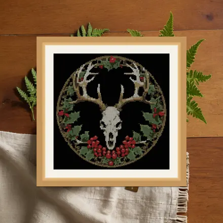 Reindeer Skull And Holly cross stitch pattern