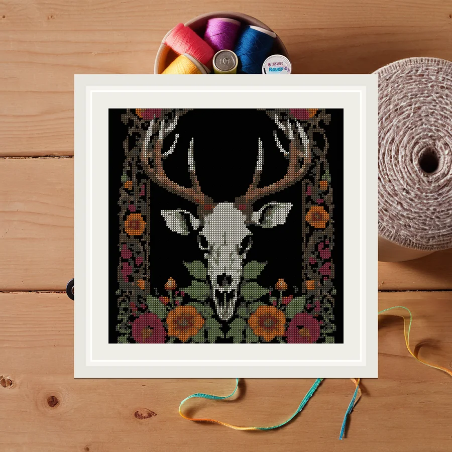 Stag Skull And Foxglove cross stitch pattern