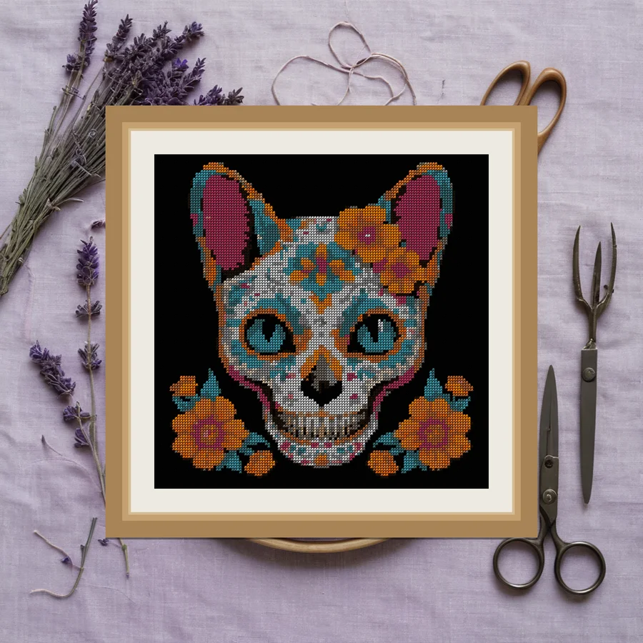 Sugar Skull Cat cross stitch pattern