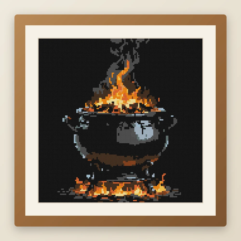 Witch's Cauldron cross stitch pattern, example of a finished piece