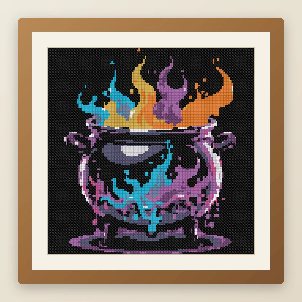 Witch's Cauldron cross stitch pattern, example of a finished piece