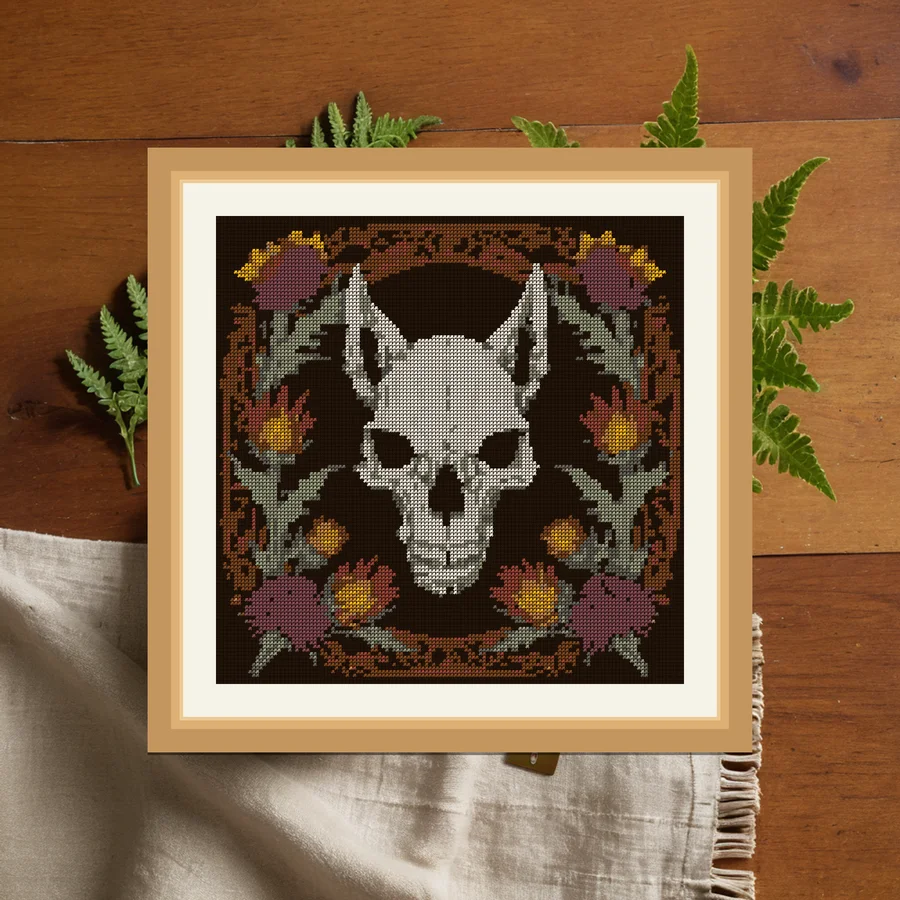 Wolf Skull And Thistle cross stitch pattern